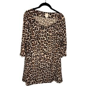 Chico's Leopard Print Tunic 3/4 Sleeves Size 2 Large 12-14 Scoop Neck Blouse Top